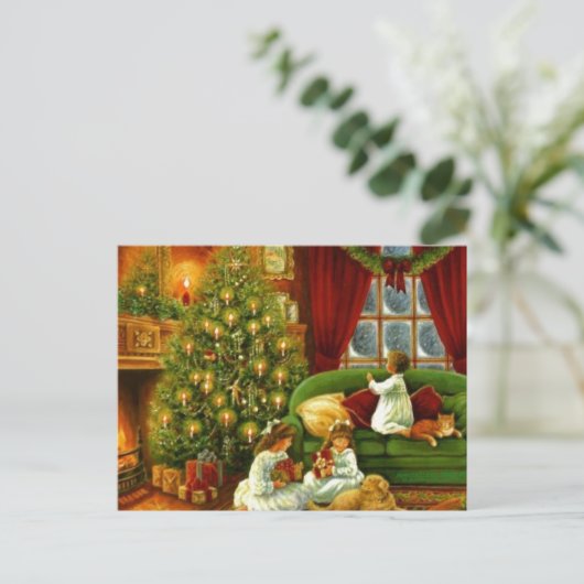 ヴィンテージの子どもたちがクリスマスプレゼントを開く シーズンポストカード (スタンド正面)