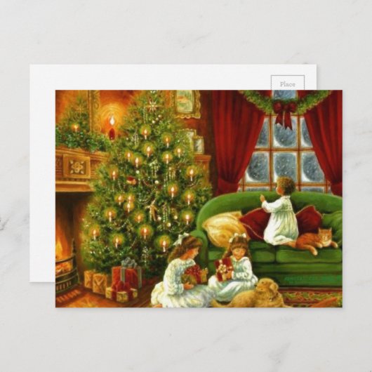 ヴィンテージの子どもたちがクリスマスプレゼントを開く シーズンポストカード (正面/裏面)