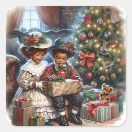ヴィンテージの子どもたちがクリスマスプレゼントを開く スクエアシール