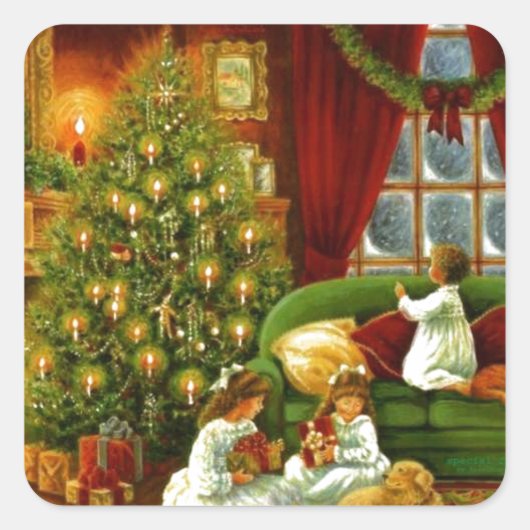 ヴィンテージの子どもたちがクリスマスプレゼントを開く スクエアシール (正面)