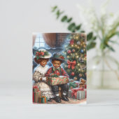 ヴィンテージの子どもたちがクリスマスプレゼントを開く ポストカード (スタンド正面)