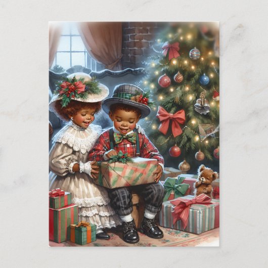 ヴィンテージの子どもたちがクリスマスプレゼントを開く ポストカード (正面)