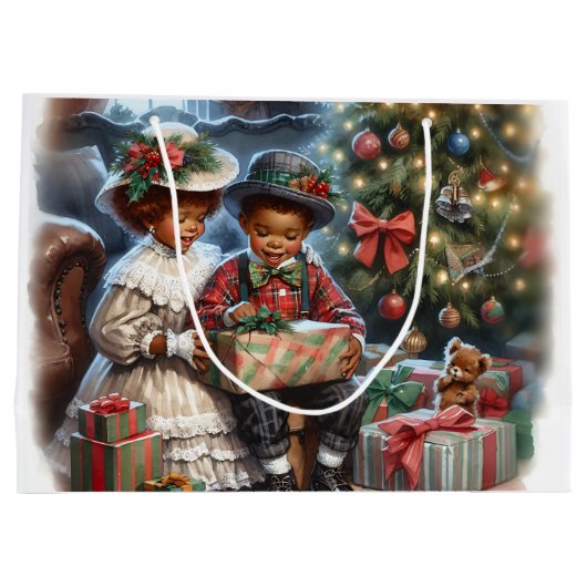 ヴィンテージの子どもたちがクリスマスプレゼントを開く ラージペーパーバッグ (裏面)