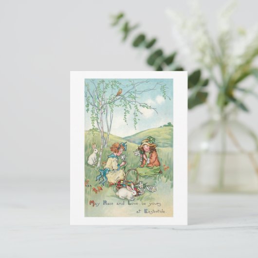 ヴィンテージの子どもたち（イースターバニーと卵） ポストカード (スタンド正面)