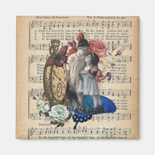 ヴィンテージの子どもとフローラコラージュ マグネット (正面)