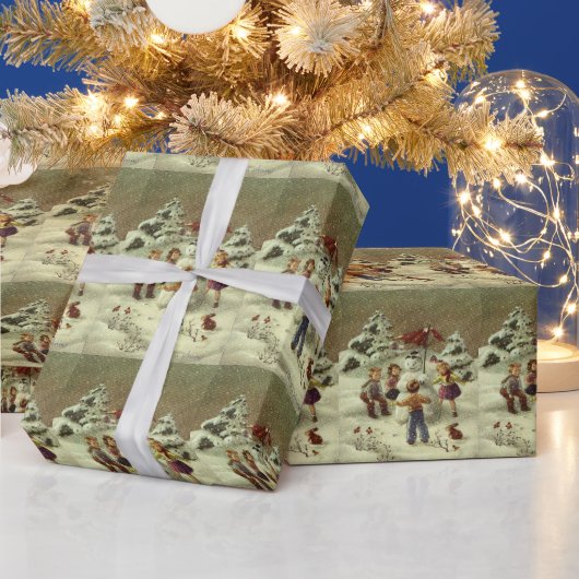 ヴィンテージの子どもの雪だるま ラッピングペーパー (クリスマス)