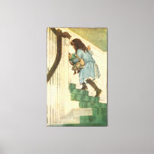 ヴィンテージの子どもアートの女の子を階段で キャンバスプリント (正面)