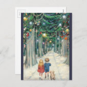 ヴィンテージの子ども歩く – クリスマスツリー シーズンポストカード (正面/裏面)