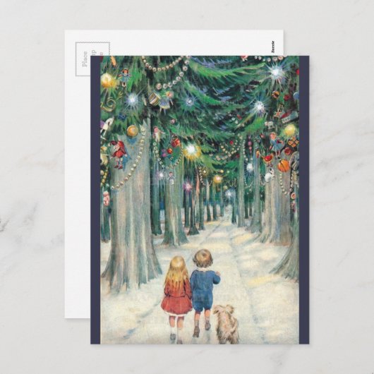 ヴィンテージの子ども歩く – クリスマスツリー シーズンポストカード (正面/裏面)