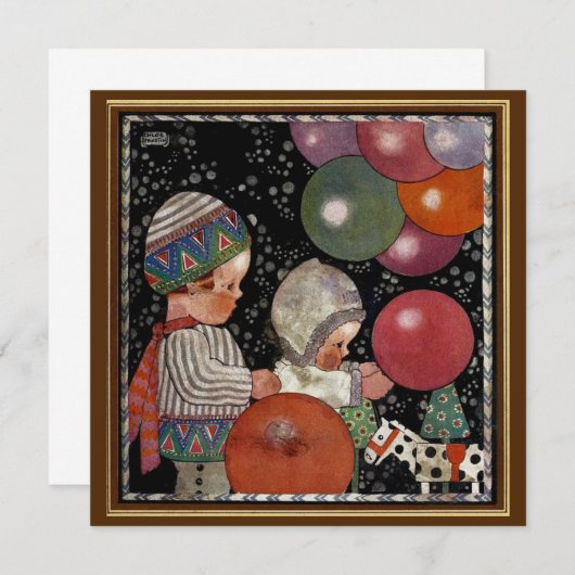 ヴィンテージの子ども誕生会、風船やおもちゃなど 招待状 (正面/裏面)