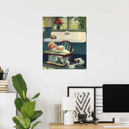 ヴィンテージの子ども、ベビー眠るハイチェアキッチン ポスター (ホームオフィス)