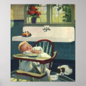 ヴィンテージの子ども、ベビー眠るハイチェアキッチン ポスター (正面)