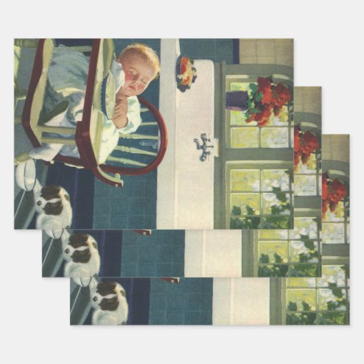 ヴィンテージの子ども、ベビー眠るハイチェアキッチン ラッピングペーパーシート (セット)