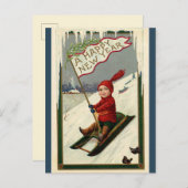ヴィンテージの子ども(旗そり新年おめでとう) ポストカード (正面/裏面)