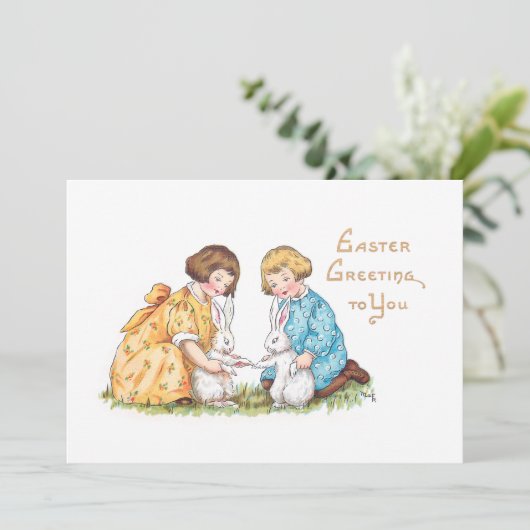 ヴィンテージの子ども、白いバンニ、復活祭の挨拶 シーズンカード (スタンド正面)