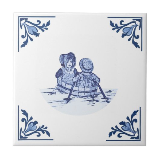 ヴィンテージの子どもRow Boat Delft Blue & White タイル (正面)