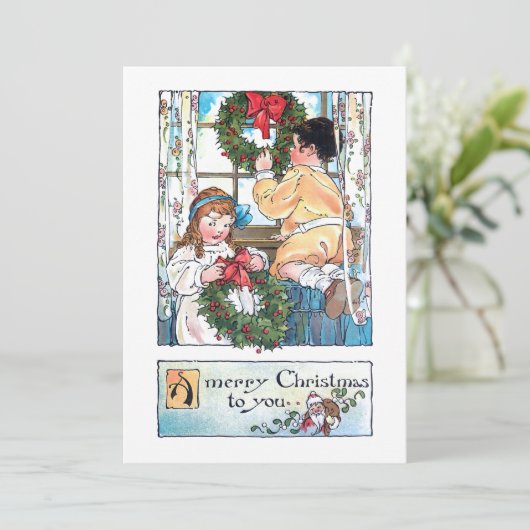 ヴィンテージの子をウィンドウに表示/クリスマスリース シーズンカード (スタンド正面)
