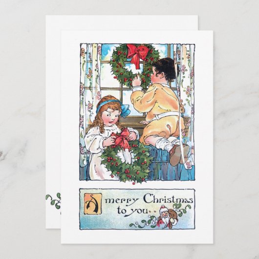 ヴィンテージの子をウィンドウに表示/クリスマスリース シーズンカード (正面/裏面)