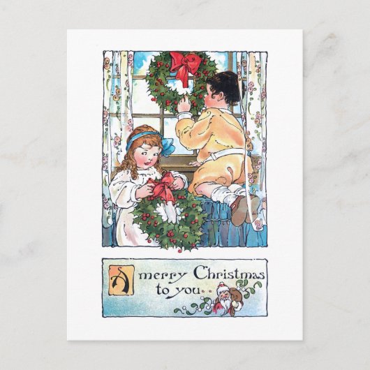 ヴィンテージの子をウィンドウに表示/クリスマスリース ポストカード (正面)