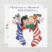 ヴィンテージの子ストッキングクリスマスパーティー 招待状 (正面/裏面)