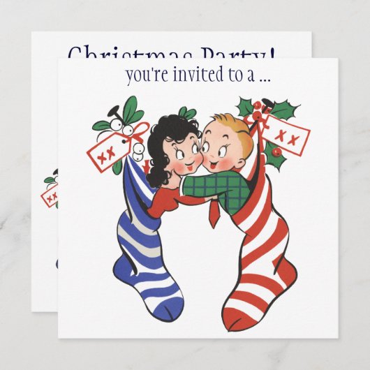 ヴィンテージの子ストッキングクリスマスパーティー 招待状 (正面/裏面)