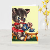 ヴィンテージの子ネコのお茶会の挨拶状 カード (黄色い花)