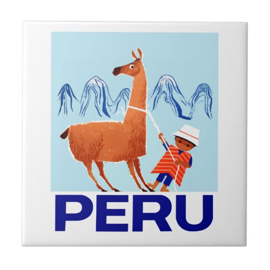 ヴィンテージの子供およびラマのペルー旅行ポスター タイル (正面)