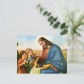 ヴィンテージの子供がイエス・キリストに花をもたらす ポストカード (スタンド正面)