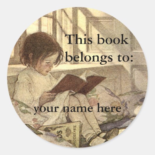 ヴィンテージの子供が本を読むブックプレート ラウンドシール (正面)