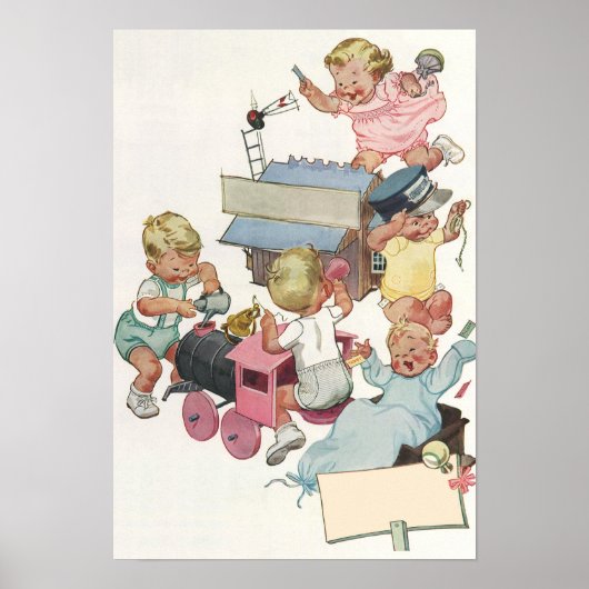 ヴィンテージの子供たちがおもちゃの列車で遊んで楽しむ ポスター (正面)