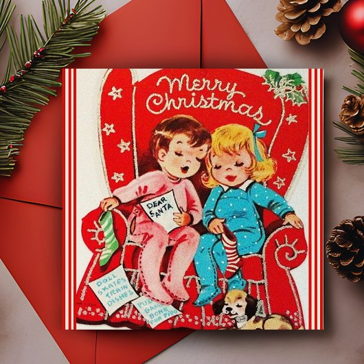 ヴィンテージの子供たちがサンタカスタムクリスマスを待つ シーズンカード