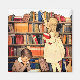ヴィンテージの子供たちが図書館の本を読む マグネット