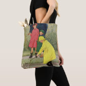 ヴィンテージの子供たちが水たまりで遊ぶ「雨の日」 トートバッグ (クローズアップ)