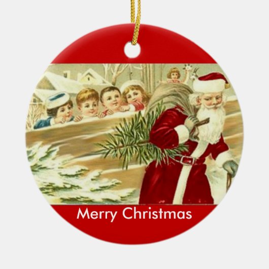 ヴィンテージの子供たちが見守るサンタ セラミックオーナメント (正面)