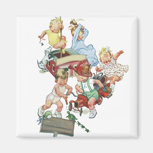 ヴィンテージの子供たち 幼児が消防車と遊ぶ マグネット (正面)