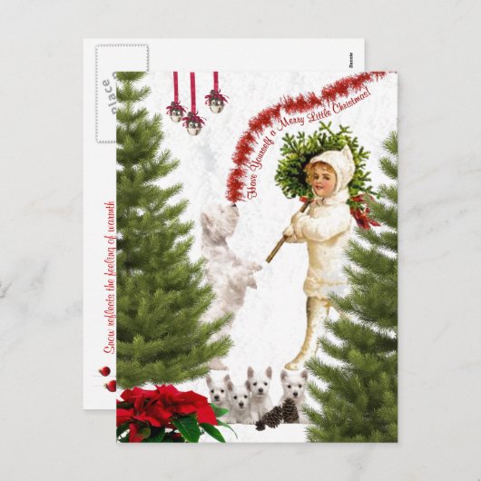 ヴィンテージの子供とウェスティーのクリスマスの陽気な願い シーズンポストカード (正面/裏面)