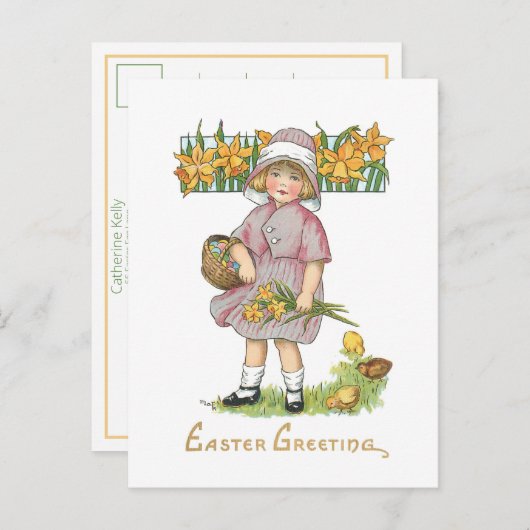 ヴィンテージの子供とダフォジルと復活祭の挨拶 ポストカード (正面/裏面)