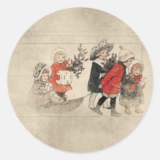 ヴィンテージの子供のクリスマスツリー ラウンドシール (正面)