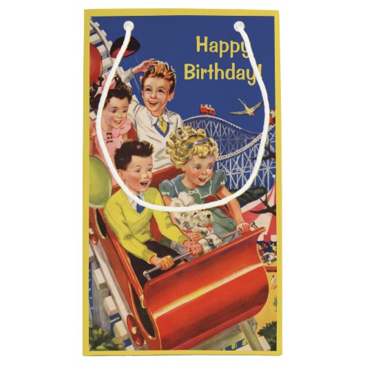ヴィンテージの子供のジェットコースターのおもしろいの誕生会 スモールペーパーバッグ (裏面)