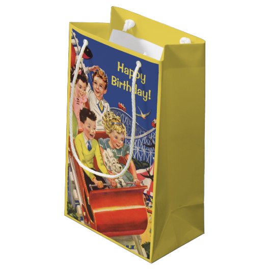ヴィンテージの子供のジェットコースターのおもしろいの誕生会 スモールペーパーバッグ (裏面アングル)