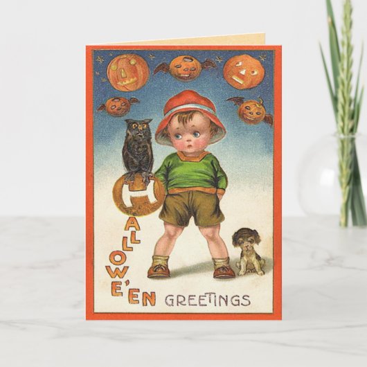 ヴィンテージの子供のハロウィンカード、黒猫および子供 カード (正面)