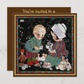 ヴィンテージの子供茶会 誕生日パーティー 招待状 (正面/裏面)