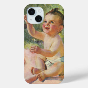 ヴィンテージの子供、ピンクのブランケットに座るかわいい赤ちゃん iPhone 15ケース