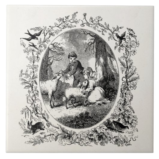 ヴィンテージの子供wのヒツジのパーソナライズなイラストレーション タイル (正面)