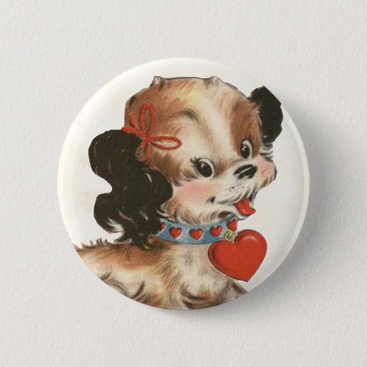 ヴィンテージの子犬の子供のバレンタインPin 缶バッジ (正面)