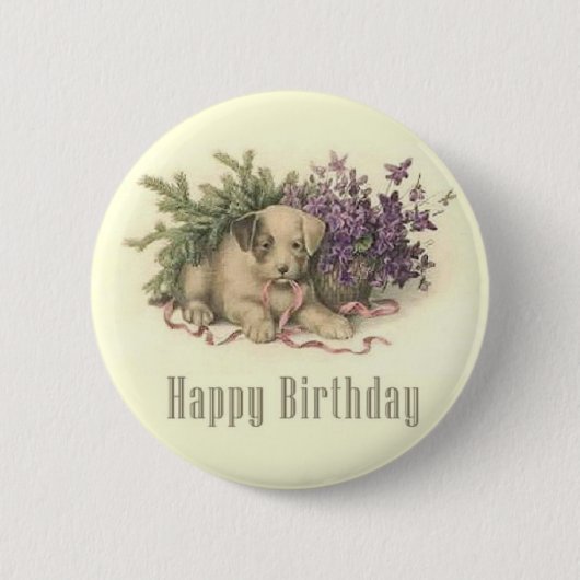 ヴィンテージの子犬の誕生日ボタン 缶バッジ (正面)
