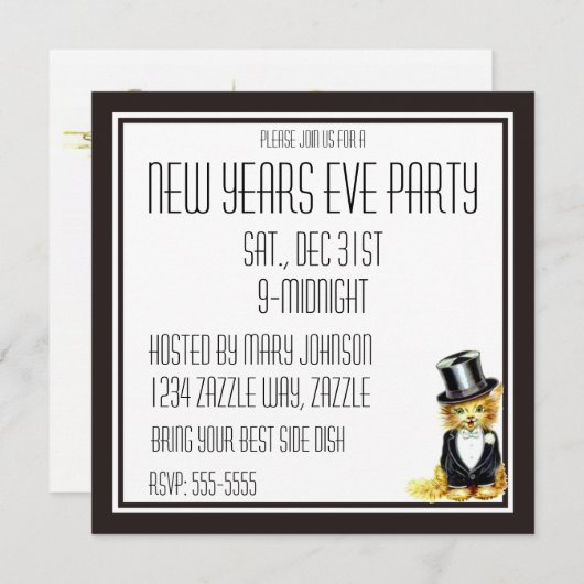ヴィンテージの子猫が帽子をかぶった 招待状 (正面/裏面)