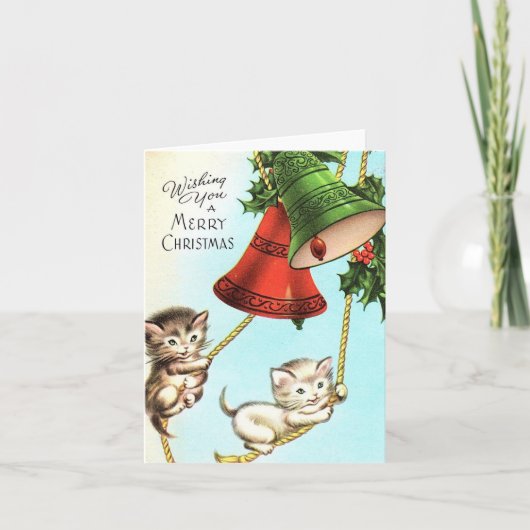 ヴィンテージの子猫とベルがクリスマス カード (正面)
