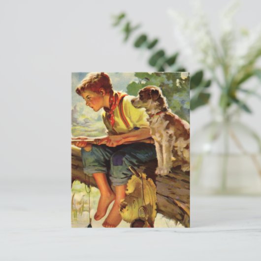 ヴィンテージの子、ペットの犬と少年の魚釣り ポストカード (スタンド正面)