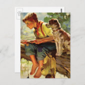 ヴィンテージの子、ペットの犬と少年の魚釣り ポストカード (正面/裏面)